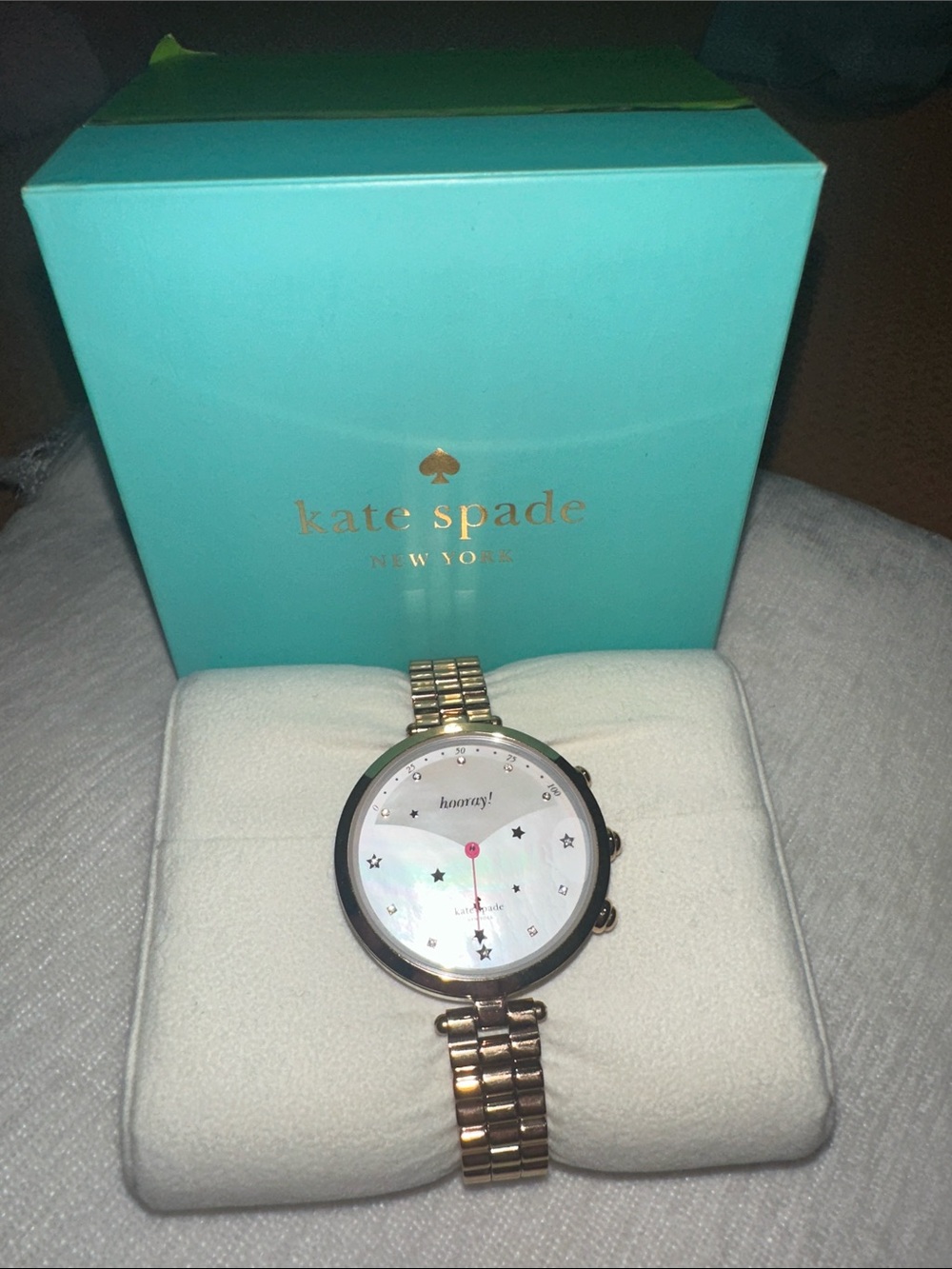 kate spade rose gold-tone bracelet watch with white mother-of-pearl dial
